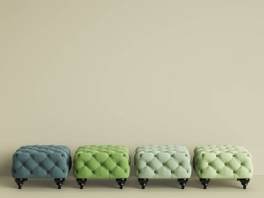 4 poufs farklı geen kopya alanı ile bej oda renkleri. İç mockup. Dijital illüstrasyon. 3D render