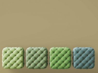 4 poufs kopya alanı ile bej renkli arka plan üzerinde farklı geen renklerde. İç mockup. Dijital illüstrasyon. 3D render