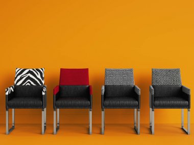  4 sandalye ile kopya alanı sarı odada farklı renklerde. İç mockup. Dijital illüstrasyon. 3D render