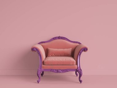 Klasik barroque koltuk Menekşe-turuncu renkli kopya alanı ile pembe odada. İç mockup. Dijital illüstrasyon. 3D render