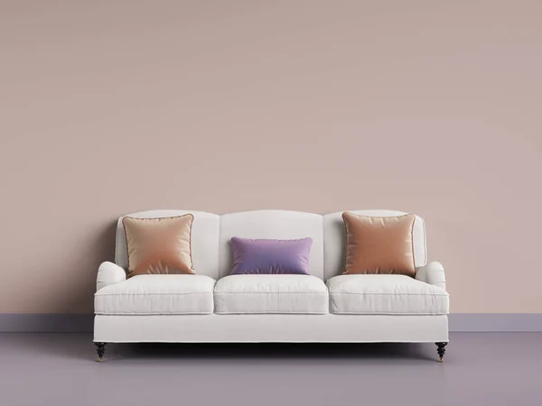 Classic sofa in empty room. Pink wall,violet floor,pastel gamma.Digital illustration. 3d rendering