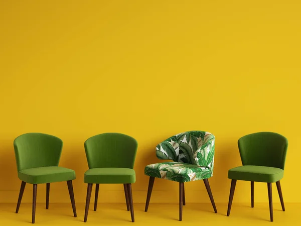 A green chair with pattern tropical leaves among simple green chairs on yellow backgrond. Concept of minimalism. 3d rendering mock up