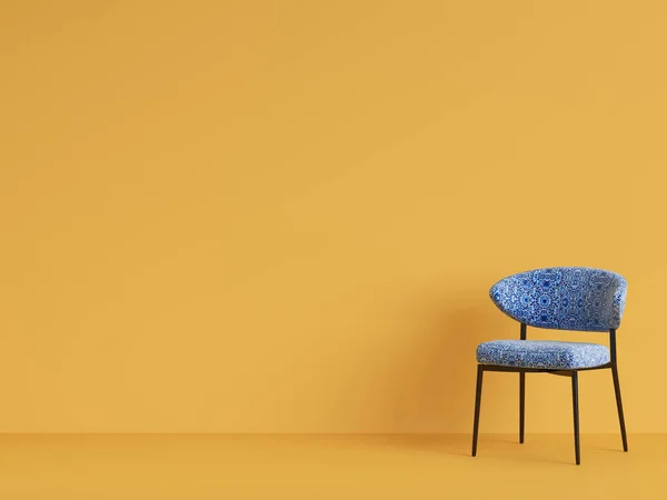黄色の背景に Ornamnet と青い椅子 ミニマリズムのコンセプト デジタル Illustration のモックアップをレンダリング — ストック写真