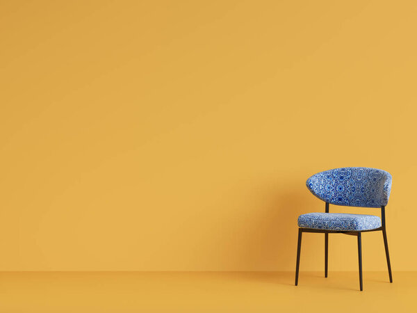 A blue chair with ornamnet on yellow backgrond. Concept of minimalism. Digital illustration.3d rendering mock up