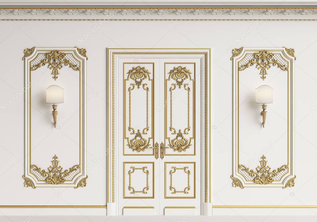 Classic interior wall. Moldings,ornated cornice,door.Digital illustration.3d rendering