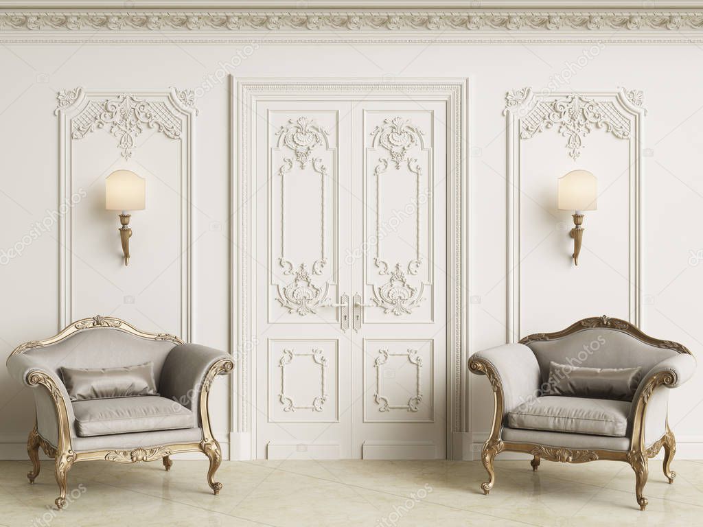 Classic baroque armchais in classic interior. Walls wth moldings and decorated cornice.Marble floor.Digital illustration.3d rendering