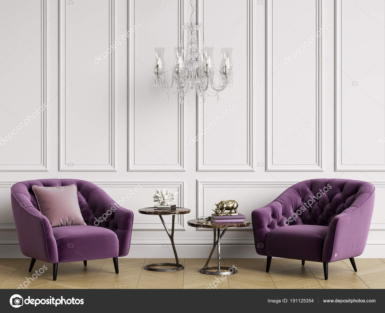 Classic Interior Tufted Armchairs Crystal Chandelier White
