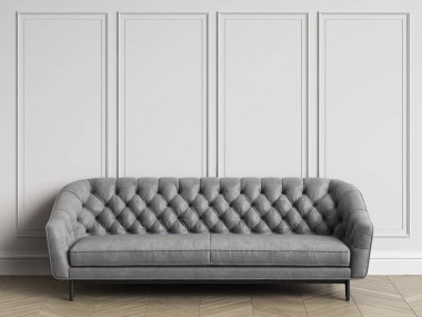 Klasik sorguçlu koltuk kopya alanı ile klasik iç. Beyaz duvarları kalıplar ile. Zemin parke balıksırtı. Dijital Illustration.3d işleme