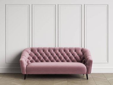 Klasik sorguçlu koltuk kopya alanı ile klasik iç. Beyaz duvarları kalıplar ile. Zemin parke balıksırtı. Dijital Illustration.3d işleme