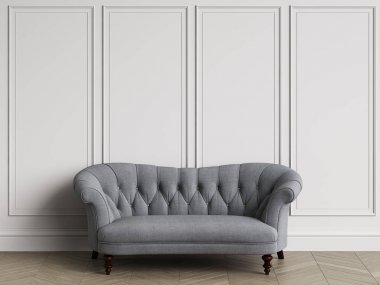 Klasik sorguçlu koltuk kopya alanı ile klasik iç. Beyaz duvarları kalıplar ile. Zemin parke balıksırtı. Dijital Illustration.3d işleme