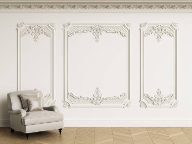 Klasik koltuk kopya alanı ile klasik iç. Beyaz duvarları kalıplar ile. Zemin parke balıksırtı. Dijital Illustration.3d işleme