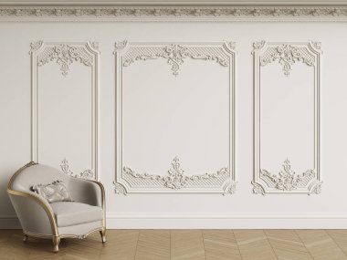 Klasik koltuk kopya alanı ile klasik iç. Pervaz ve ornated korniş beyaz duvarları. Zemin parke balıksırtı. Dijital Illustration.3d işleme