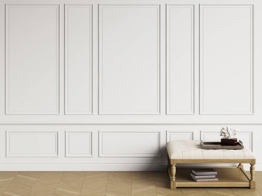 Klasik kahve masa kopya alanı ile klasik iç dekorasyonu ile. Beyaz duvarları kalıplar ile. Zemin parke balıksırtı. Dijital Illustration.3d işleme