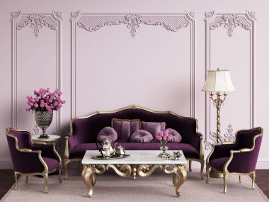 Klasik mobilya klasik iç kopya alanı ile. Pervaz ve ornated korniş ile pembe duvarlar. Dijital Illustration.3d işleme