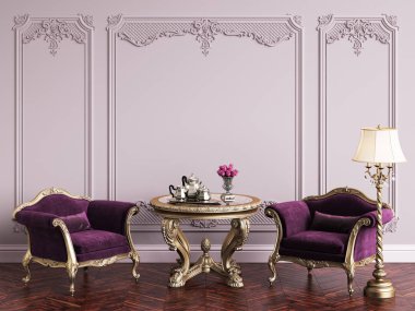 Klasik mobilya klasik iç kopya alanı ile. Pervaz ve ornated korniş ile pembe duvarlar. Dijital Illustration.3d işleme