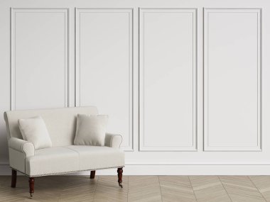 Klasik koltuk kopya alanı ile klasik iç. Beyaz duvarları kalıplar ile. Zemin parke balıksırtı. Dijital Illustration.3d işleme