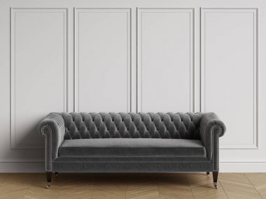 Klasik sorguçlu koltuk kopya alanı ile klasik iç. Beyaz duvarları kalıplar ile. Zemin parke balıksırtı. Dijital Illustration.3d işleme