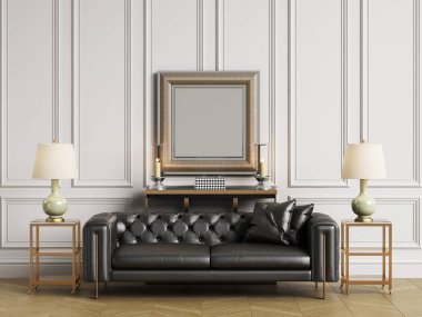 Klasik sorguçlu koltuk, yan tabloları ve kopya alanı ile klasik interiror lambalar. Beyaz duvarları kalıplar ile. Zemin parke balıksırtı. Dijital Illustration.3d işleme