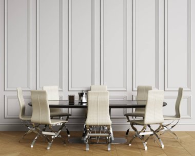 Masa ve sandalyeler ile klasik iç. Kalıplar, Zemin parke hirringbone ile beyaz duvarlar. Uzay kopyalayın. Dijital illustration.3d işleme