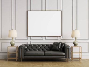 Klasik sorguçlu koltuk, yan tabloları ve kopya alanı ile klasik interiror lambalar. Beyaz duvarları kalıplar ile. Zemin parke balıksırtı. Dijital Illustration.3d işleme