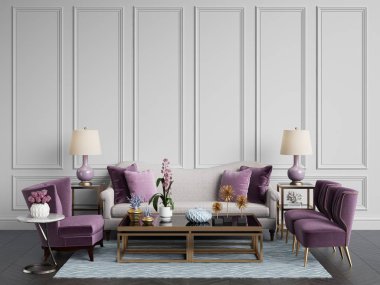 Klasik iç. Kanepe, sandalye, Masa dekorasyonu ile sidetables lambaları. Beyaz duvarları kalıplar ile. Zemin parke balıksırtı, kilim desenli. Mockup, kopya alanı. Dijital ilustration.3d işleme 