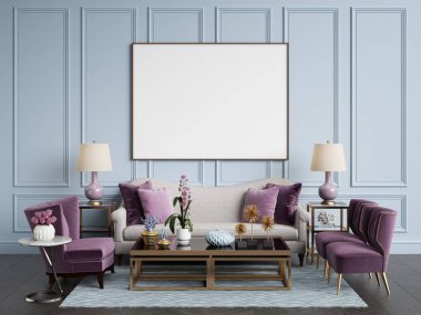 Klasik iç. Kanepe, sandalye, Masa dekorasyonu ile sidetables lambaları. Beyaz duvarları kalıplar ile. Zemin parke balıksırtı, kilim desenli. Mockup, kopya alanı. Dijital ilustration.3d işleme 