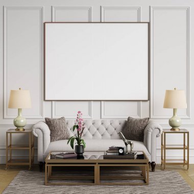 Klasik iç pastel renklerde. Kanepe, sandalye, Masa dekorasyonu ile sidetables lambaları. Beyaz duvarları kalıplar ile. Zemin parke balıksırtı, kilim desenli. Mockup, kopya alanı. Dijital ilustration.3d işleme 