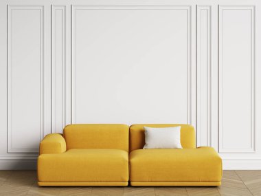 İç modern İskandinav tasarım kanepe. Duvar silme, Zemin parke balıksırtı ile. Alan, mockup iç kopyalayın. Dijital illustration.3d işleme
