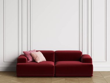 İç modern İskandinav tasarım kanepe. Duvar silme, Zemin parke balıksırtı ile. Alan, mockup iç kopyalayın. Dijital illustration.3d işleme