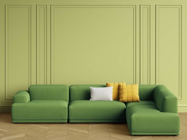 İç modern İskandinav tasarım kanepe. Duvar silme, Zemin parke balıksırtı ile. Alan, mockup iç kopyalayın. Dijital illustration.3d işleme