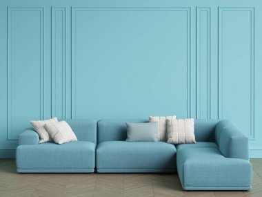 İç modern İskandinav Designlight mavi kanepe. Mavi duvar silme, Zemin parke balıksırtı ile. Alan, mockup iç kopyalayın. Dijital illustration.3d işleme