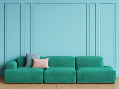 İç modern İskandinav tasarım zümrüt yeşil kanepe. Mavi duvar silme, Zemin parke balıksırtı ile. Alan, mockup iç kopyalayın. Dijital illustration.3d işleme