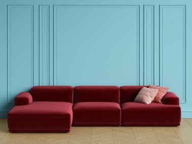 İç modern İskandinav tasarım kırmızı kanepe. Mavi duvar silme, Zemin parke balıksırtı ile. Alan, mockup iç kopyalayın. Dijital illustration.3d işleme