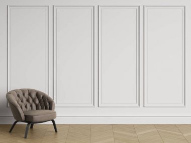 Koltukta, klasik iç kopya alanı ile tufted. Beyaz duvarları kalıplar ile. Zemin parke balıksırtı. Dijital Illustration.3d işleme