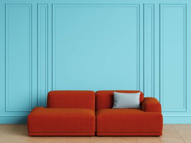 İç modern İskandinav tasarım kırmızı kanepe. Silme, Zemin parke balıksırtı Blu duvarlar. Alan, mockup iç kopyalayın. Dijital illustration.3d işleme