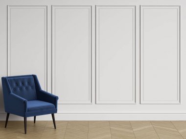 Klasik sandalye kopya alanı ile klasik iç. Beyaz duvarları kalıplar ile. Zemin parke balıksırtı. Dijital Illustration.3d işleme