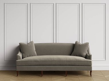 Klasik koltuk kopya alanı ile klasik iç. Beyaz duvarları kalıplar ile. Zemin parke balıksırtı. Dijital Illustration.3d işleme