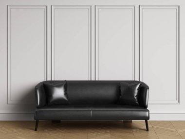 Siyah deri koltuk kopya alanı ile klasik iç. Beyaz duvarları kalıplar ile. Zemin parke balıksırtı. Dijital Illustration.3d işleme