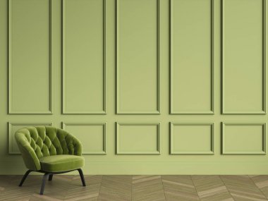 Yeşil koltuk klasik iç kopya alanı ile tufted. Yeşil duvar kalıplar ile. Zemin parke balıksırtı. Dijital Illustration.3d işleme