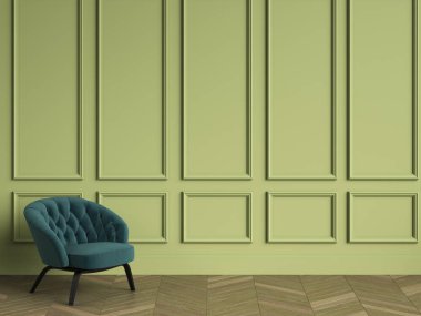 Yeşil koltuk klasik iç kopya alanı ile tufted. Yeşil duvar kalıplar ile. Zemin parke balıksırtı. Dijital Illustration.3d işleme
