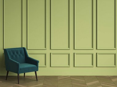 Zümrüt yeşil koltuk kopya alanı ile klasik iç. Yeşil duvar kalıplar ile. Zemin parke balıksırtı. Dijital Illustration.3d işleme