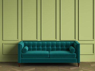 Mavi koltuk klasik iç kopya alanı ile tufted. Yeşil duvar kalıplar ile. Zemin parke balıksırtı. Dijital Illustration.3d işleme