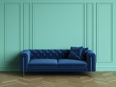 Mavi koltuk klasik iç kopya alanı ile tufted. Turkuaz rengi duvarlarla pervaz. Zemin parke balıksırtı. Dijital Illustration.3d işleme