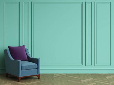 Klasik iç kopya alanı ile mavi koltukta. Turkuaz rengi duvarlarla pervaz. Zemin parke balıksırtı. Dijital Illustration.3d işleme