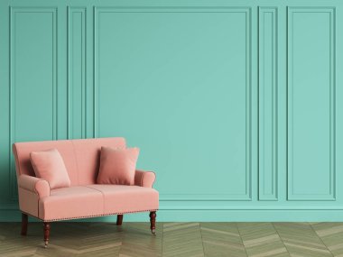 Pembe kanepe kopya alanı ile klasik iç. Turkuaz rengi duvarlarla pervaz. Zemin parke balıksırtı. Dijital Illustration.3d işleme