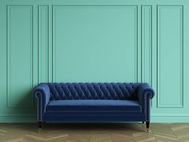 Mavi koltuk klasik iç kopya alanı ile tufted. Turkuaz rengi duvarlarla pervaz. Zemin parke balıksırtı. Dijital Illustration.3d işleme