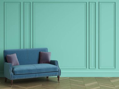 Mavi koltuk klasik iç kopya alanı ile mor yastık ile. Turkuaz rengi duvarlarla pervaz. Zemin parke balıksırtı. Dijital Illustration.3d işleme