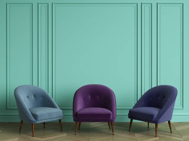 3 sandalye klasik iç kopya alanı ile farklı mavi renklerde. Turkuaz rengi duvarlarla pervaz. Zemin parke balıksırtı. Dijital Illustration.3d işleme