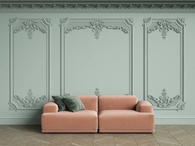 Pembe koltuk klasik vintage iç kopya alanı ile yeşil yastık ile. Pervaz ve dekore edilmiş korniş soluk zeytin duvarları. Zemin parke balıksırtı. Dijital Illustration.3d işleme