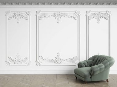 Yeşil koltuk klasik vintage iç kopya alanı ile tufted. Pervaz ve dekore edilmiş korniş beyaz duvarları. Zemin parke balıksırtı. Dijital Illustration.3d işleme
